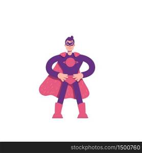 Superhero flat color vector character. Young brave man in cape. Comic powerful superhero in costume. Strong male rescuer isolated cartoon illustration for web graphic design and animation. Superhero flat color vector character