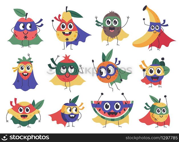 Superhero fruit. Cute, funny superhero fruits characters, brave banana, strawberry and lemon mascots in cloak costume isolated vector icons set. Brave fruits in cloak, pear and plum mask illustration. Superhero fruit. Cute, funny superhero fruits characters, brave banana, strawberry and lemon mascots in cloak costume isolated vector icons set