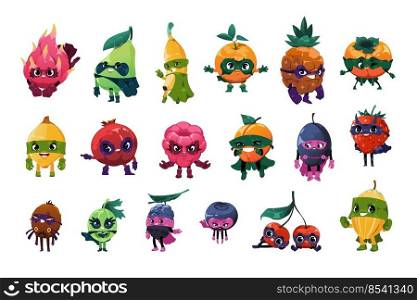 Superhero fruits. Funny fresh superfood in masks and cape, funny cartoon organic food in colorful hero costume. Vector cute clipart collection of super food strawberry and super food illustration. Superhero fruits. Funny fresh superfood in masks and cape, funny cartoon organic food in colorful hero costume. Vector cute clipart collection