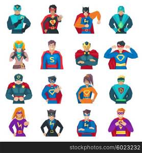 Superhero Icons Set . Superhero icons set with strong men and women flat isolated vector illustration
