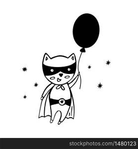 Superhero in a black suit on a white background. Cute kids poster with a flying superhero, balloon, stars in Scandinavian style.