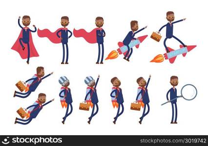 superhero in a red cloak, flies on a rocket, on a jet pack, stands with a huge magnifying glass, searches for information. indian businessman. cartoon character set