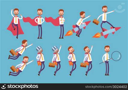 superhero in a red cloak, flies on a rocket, on a jet pack, stands with a huge magnifying glass, searches for information. businessman. cartoon character set