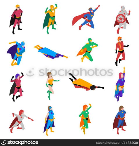 Superhero Isometric Icons Set . Superhero Icons Set. Superhero Isometric Vector Illustration. Superhero People Symbols. Superhero Design Set. Superhero People Collection.