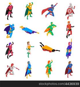 Superhero Isometric Icons Set . Superhero Icons Set. Superhero Isometric Vector Illustration. Superhero People Symbols. Superhero Design Set. Superhero People Collection.