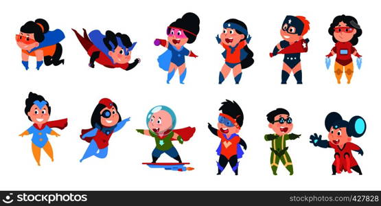 Superhero kids. Boys and girls in comic superhero costumes for party, cute children wearing colorful costumes. Vector characters superheroes. Superhero kids. Boys and girls in comic superhero costumes for party, cute children wearing colorful costumes. Vector characters