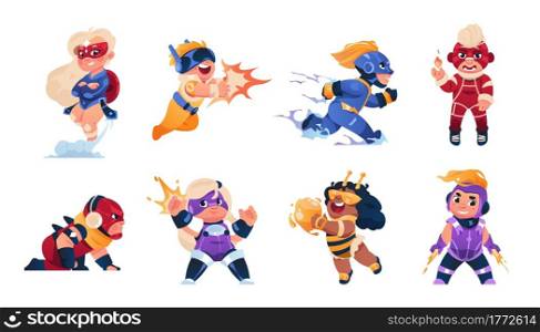 Superhero kids. Cartoon children in funny carnival costumes. Cute strong boys and girls with superpowers. Isolated little people run and fight. Persons in heroic poses. Vector comic brave rescuers set. Superhero kids. Cartoon children in funny carnival costumes. Cute strong boys and girls with superpowers. Isolated people run and fight. Persons in heroic poses. Vector comic rescuers set