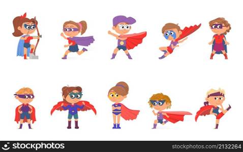 Superhero kids. Superheroes in cape, children group jumping and flying. Cartoon heroes, girl wear mask and costume decent vector characters. Illustration of superhero with cape, hero super and brave. Superhero kids. Superheroes in cape, children group jumping and flying. Cartoon heroes, girl wear mask and costume decent vector characters