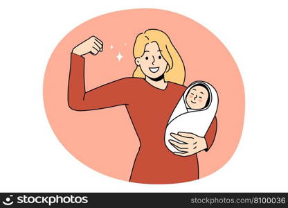 Superhero mother and strength concept. Young smiling woman mother standing holding newborn infant baby in hands showing strong arm vector illustration. Superhero mother and strength concept.