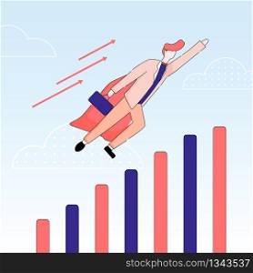 Superhero or Super Employee Holding Bag Flying in Sky with Arrows and Clouds along with Growing Column Chart, Business Concept Success and Professionalism. Linear Cartoon Flat Vector Illustration.. Super Employee Flying in Sky with Arrows. Success.