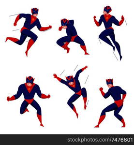 Superhero powerful super beast comics games blue bodysuit character in 6 action poses fighting flying jumping vector illustration