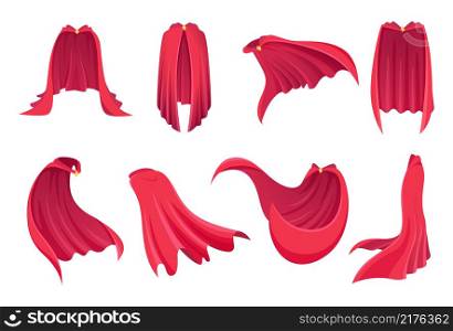 Superhero red cape. Comic textile clothes silk suits for power heroes exact vector illustrations collection. Red superhero costume, textile of fabric cloak. Superhero red cape. Comic textile clothes silk suits for power heroes exact vector illustrations collection