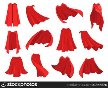 Superhero red cape. Scar≤t fabric silk cloak in different position, front back and side view. Mant≤costume, magic cover cartoon vector set. Satin flowing and flying carnival v&ire clothes. Superhero red cape. Scar≤t fabric silk cloak in different position, front back and side view. Mant≤costume, magic cover cartoon vector set