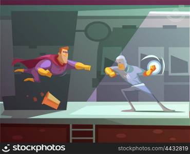 Superhero Retro Cartoon Illustration. Two superheroes fighting on station retro cartoon flat vector illustration