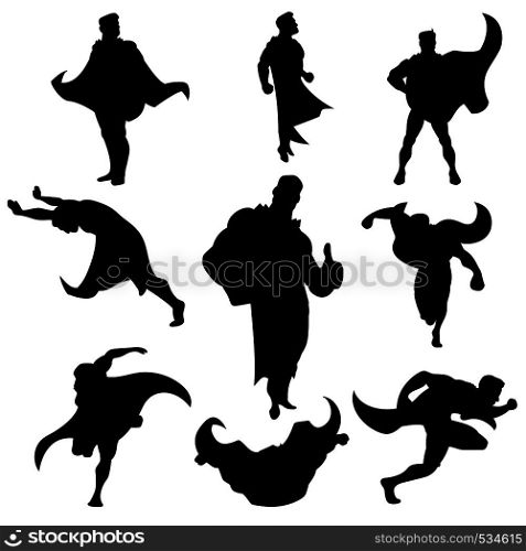 Superhero silhouettes set isolated on white background. Superhero silhouettes set