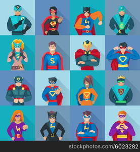 Superhero Square Icons Set . Superhero square shadow icons set with power symbols flat isolated vector illustration