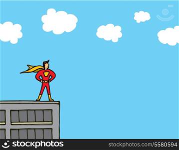Superhero standing on a building ledge