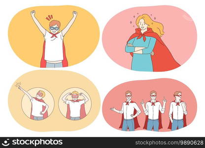 Superhero, superman, power, strength, confidence concept. Young positive people cartoon characters in superman costume mantle and mask imagining power and leadership. Fantasy, imagination, justice. Superhero, superman, power, strength, confidence concept