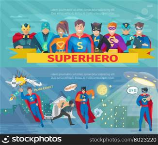 Superhero Team Banners Set . Superhero team horizontal banners set with saving the world symbols flat isolated vector illustration