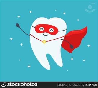 Superhero tooth. Happy healthy tooth in a red cloak. Vector illustration on a blue background. Superhero tooth. Happy healthy tooth in a red cloak. Vector illustration