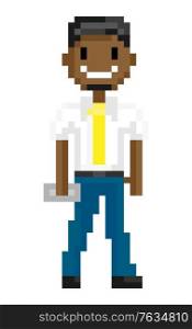 Superhero wearing suit holding object, portrait and full length view of smiling pixel man, geometric boy game character, vector. Pixeleted character for video-game or app 8bit game. Pixel Man in Suit with Object, Superhero Vector