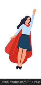 Superhero woman. Businesswoman in red cape flying. Vector illustration. Superhero woman. Businesswoman in red cape flying