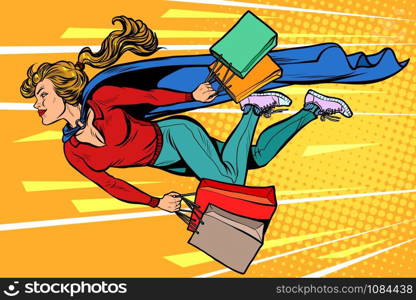 superhero woman flying with shopping. sales and discounts in stores. pop art retro vector illustration kitsch vintage drawing 50s 60s. superhero woman flying with shopping. sales and discounts in stores