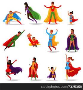 Superheroes in bright suits and long cloaks set. Women and men with superpowers in heroic poses. Modern superheroes isolated vector illustrations.. Superheroes in Bright Suits and Long CLoaks Set