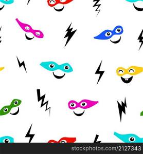 Superheroes mask pattern. Cute faces and lights, energy children vector seamless texture. Superheroes mask pattern