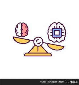 Superintelligence RGB color icon. Artificial intelligence, innovative virtual intellect. AI on scales with brain. Digital transformation. Smart technology. Isolated vector illustration. Superintelligence RGB color icon