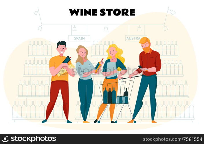 Supermarket and chopping poster with wine store symbols flat vector illustration