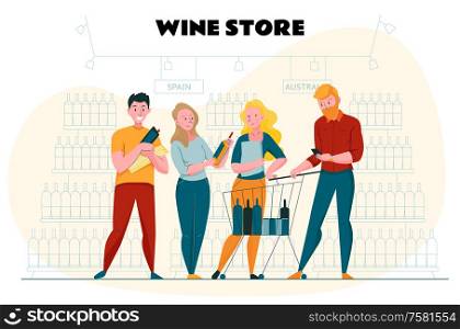 Supermarket and chopping poster with wine store symbols flat vector illustration