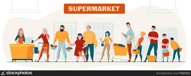 Supermarket and customers horizontal composition with shopping symbols flat vector illustration