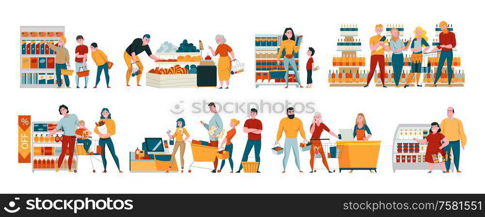 Supermarket and customers horizontal set with shopping and discount symbols flat isolated vector illustration