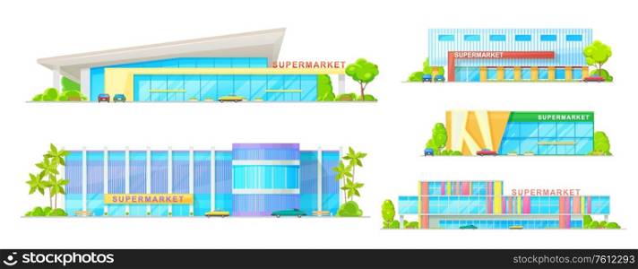 Supermarket and store buildings vector icons. Modern store and mall exterior design, shopping mall front view with blue glass windows. Retail shop buildings with entrance, cars and green trees. Supermarket and store buildings vector icons