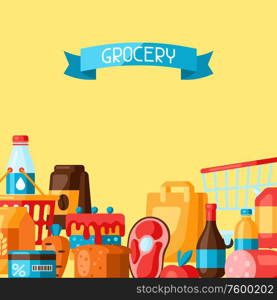 Supermarket background with food icons. Grocery illustration in flat style.. Supermarket background with food icons.