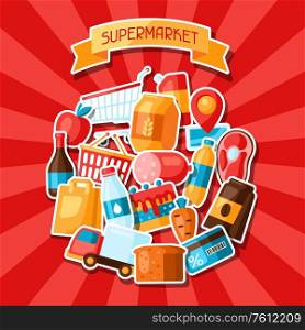 Supermarket background with food stickers. Grocery illustration in flat style.. Supermarket background with food stickers.