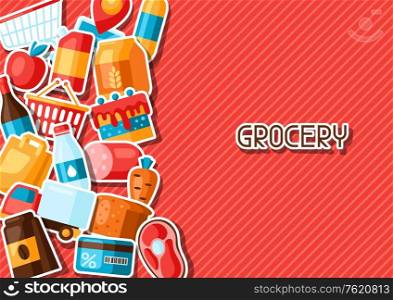 Supermarket background with food stickers. Grocery illustration in flat style.. Supermarket background with food stickers.