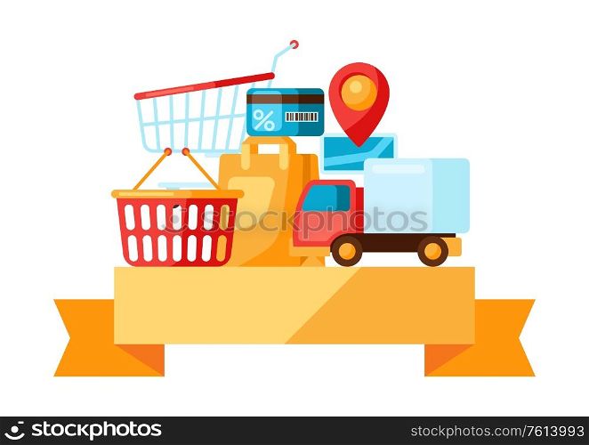 Supermarket background with selfservice and delivery icons. Grocery illustration in flat style.. Supermarket background with selfservice and delivery icons.