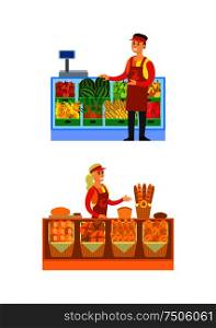 Supermarket bakery and fruits department vector. Salesperson with baked bread and baguettes. Seller with watermelon, apples and pineapples on shelf. Supermarket Bakery and Fruits Department Vector