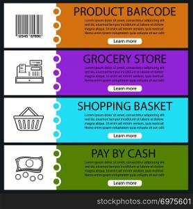 Supermarket banner templates set. Grocery store. Product barcode, cash register, shopping basket, money. Website menu items with linear icons. Color web banner. Vector headers design concepts. Supermarket banner templates set