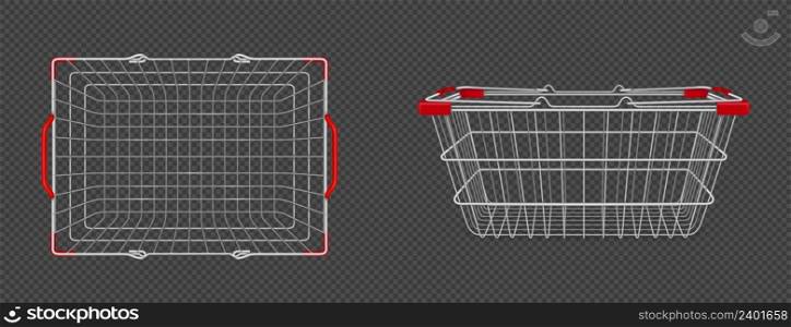 Supermarket basket from metal wire in top and side view. Vector realistic mock up of empty shopping cart with red plastic handles for buy grocery, food and goods in market and shop. Metal supermarket basket in top and side view
