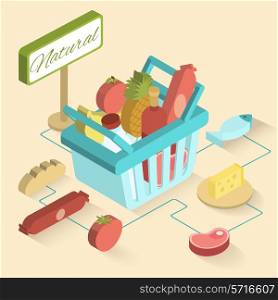 Supermarket basket isometric set with fresh natural food and drinks vector illustration