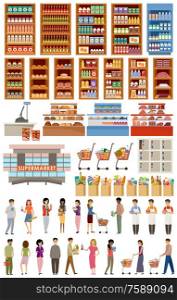 Supermarket. Big store set. Vegetables, fruits, fish, meat, dairy products, people. Vector flat illustration.
