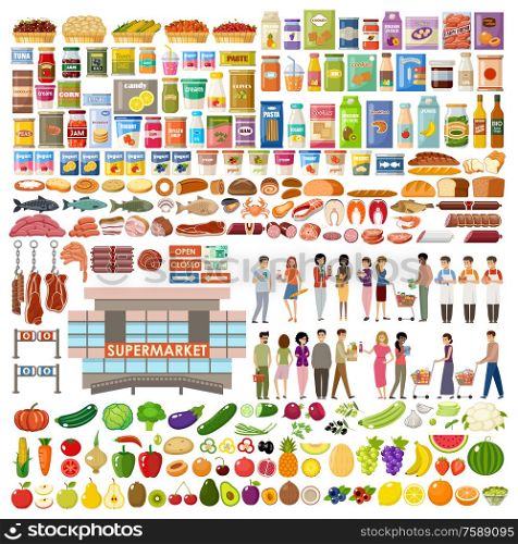 Supermarket. Big store set. Vegetables, fruits, fish, meat, dairy products, people. Vector flat illustration.