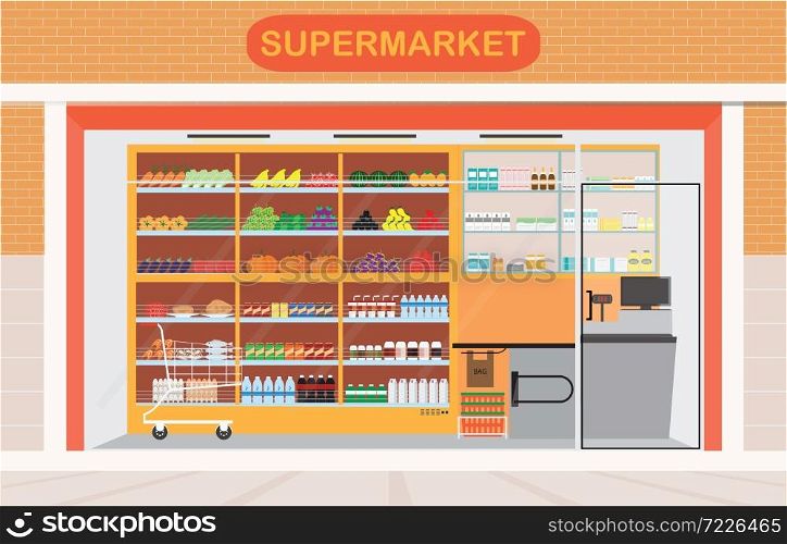 Supermarket building and interior with fresh food on shelves and counter cashier, Flat vector illustration.
