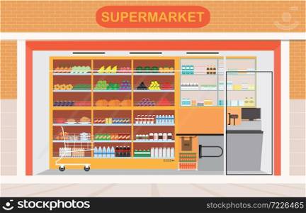 Supermarket building and interior with fresh food on shelves and counter cashier, Flat vector illustration.