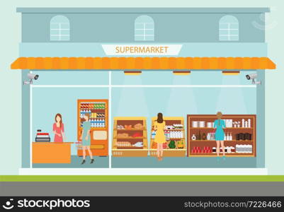 Supermarket building and interior with people buying products on shelves, shopping vector illustration.