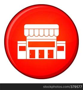 Supermarket building icon in red circle isolated on white background vector illustration. Supermarket building icon, flat style