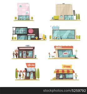 Supermarket Building Set. Supermarket building set with coffee shops symbols cartoon isolated vector illustration